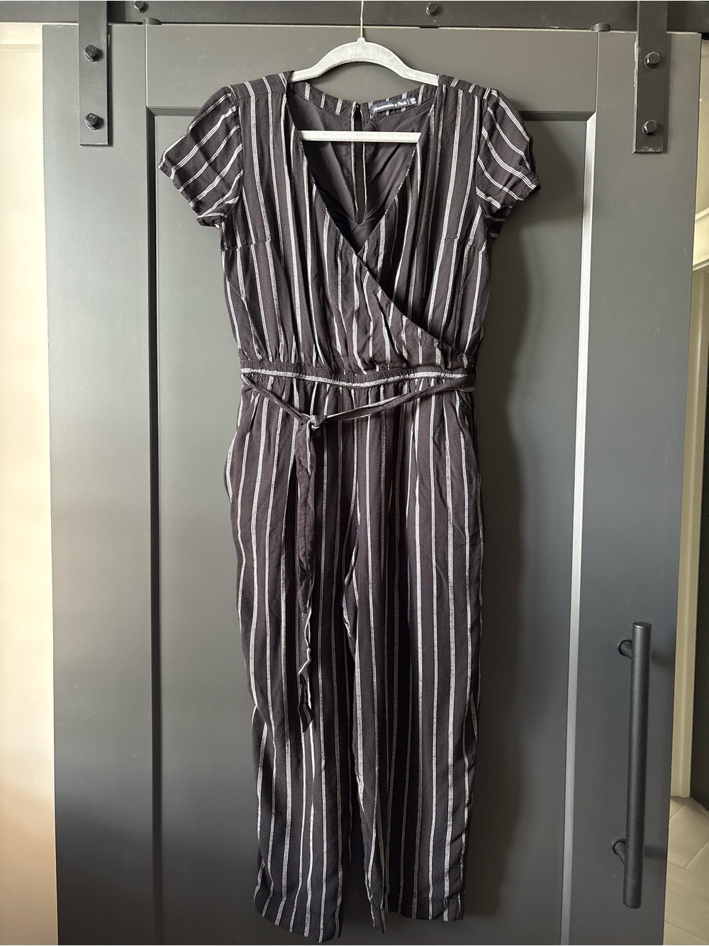 Abercrombie & Fitch Black and White Striped Wrap Jumpsuit